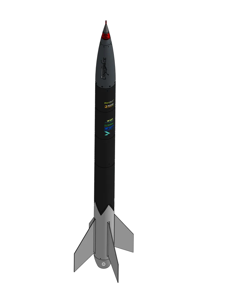 CAD render of the complete Lynxrocket V5 on a black ground: ogive nose cone, carbon fibre body tube and four-fin fin can