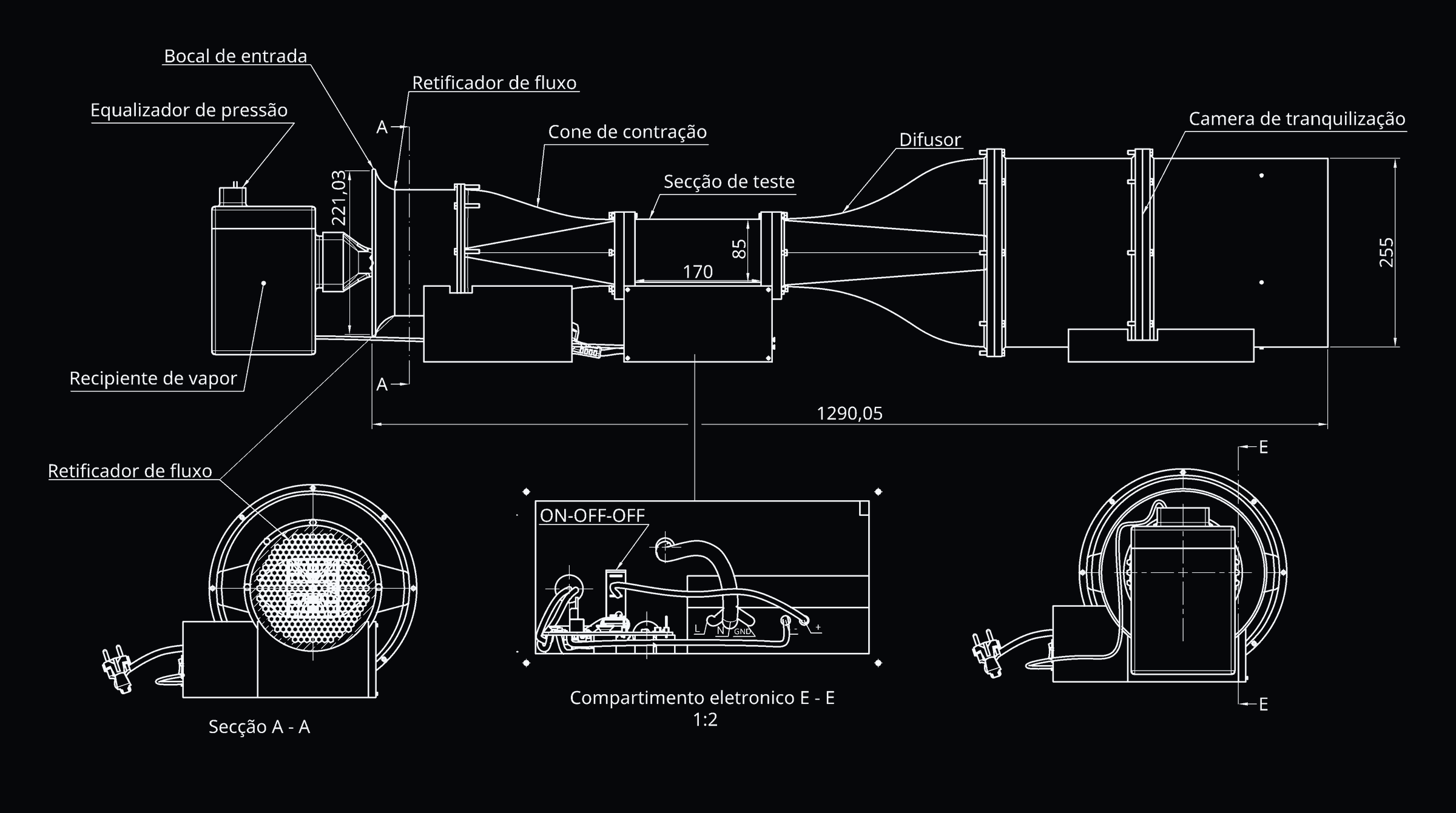Desenho técnico do túnel de vento com dimensões da entrada, secção de ensaio e difusor, e vistas de pormenor do retificador de escoamento e da eletrónica