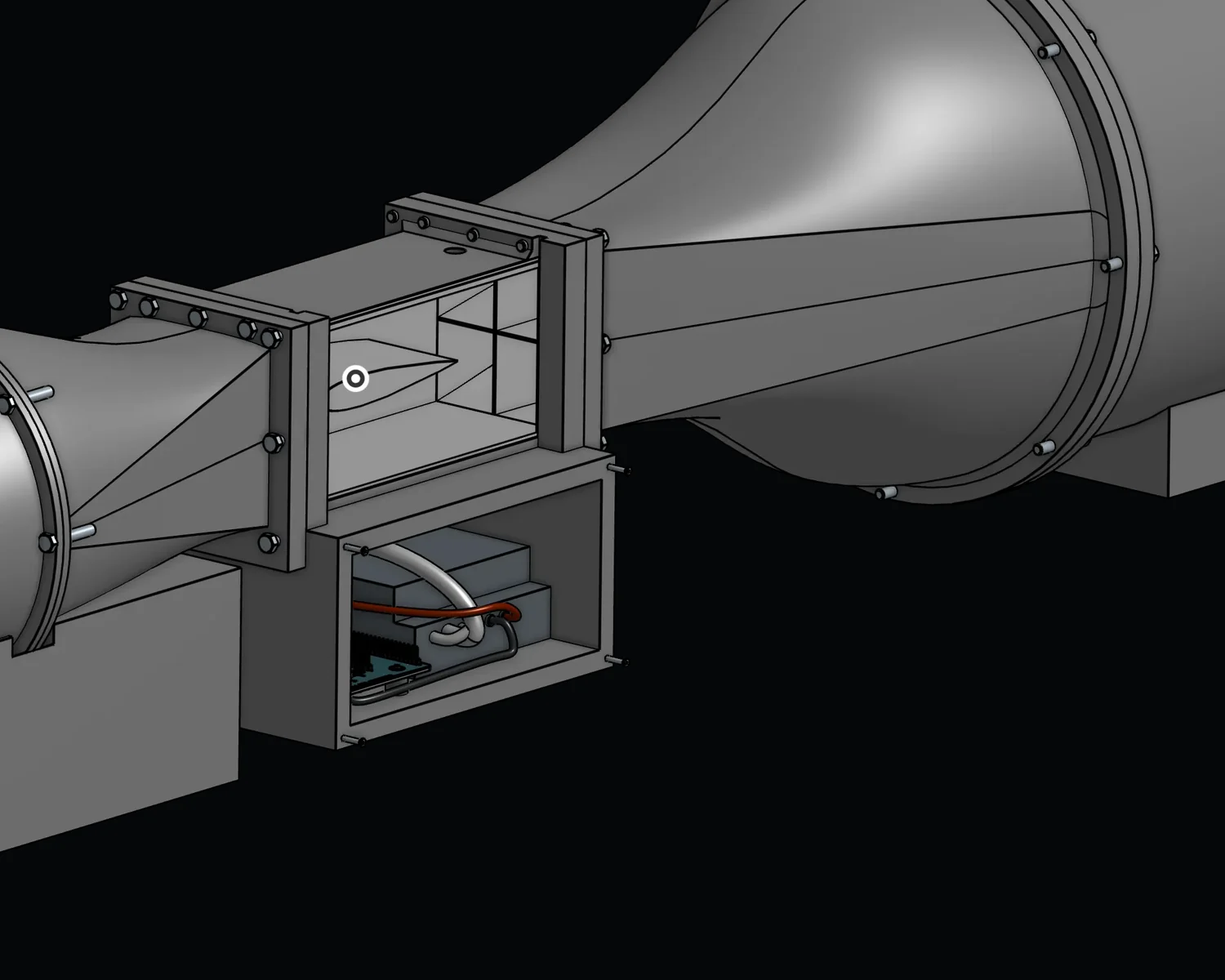 CAD render of the wind tunnel test section: a rectangular bolted section with a model mounted inside, the electronics compartment below it, and the diffuser opening out to the right